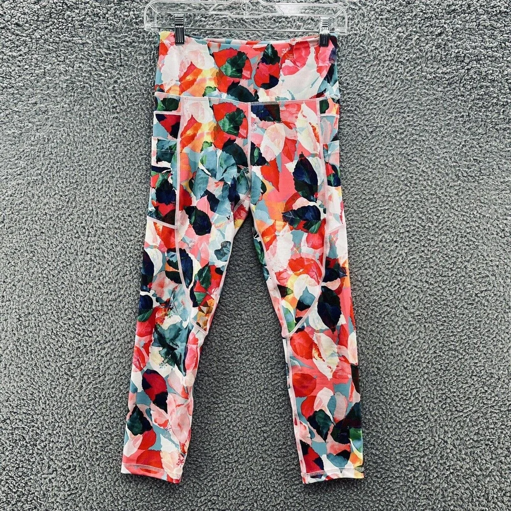 ZYIA Legging Pink Blue Geo High Rise Stash Pocket Crop Workout Pant - Picture 1 of 10
